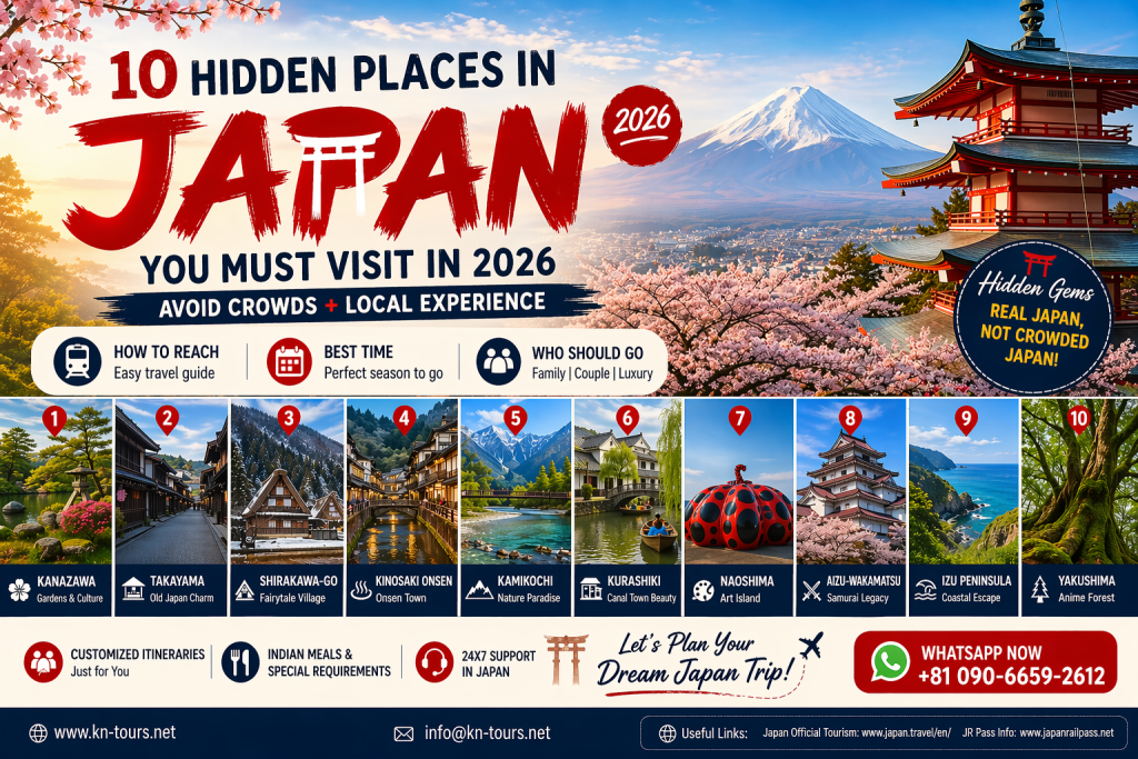 Hidden places in Japan 2026 including Kanazawa, Takayama, Shirakawa-go and Kinosaki Onsen for crowd-free travel experience