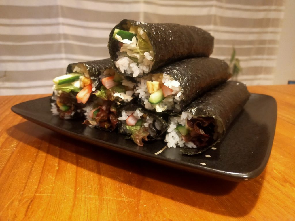 Homemade Ehomaki sushi roll eaten during the Setsubun festival in Japan